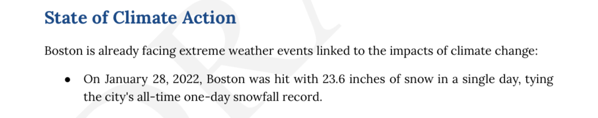 “Extreme”? The Wu administration cites Boston’s 23.6 inches of snow in 2022 — a totally normal winter storm — as a climate crisis trigger.