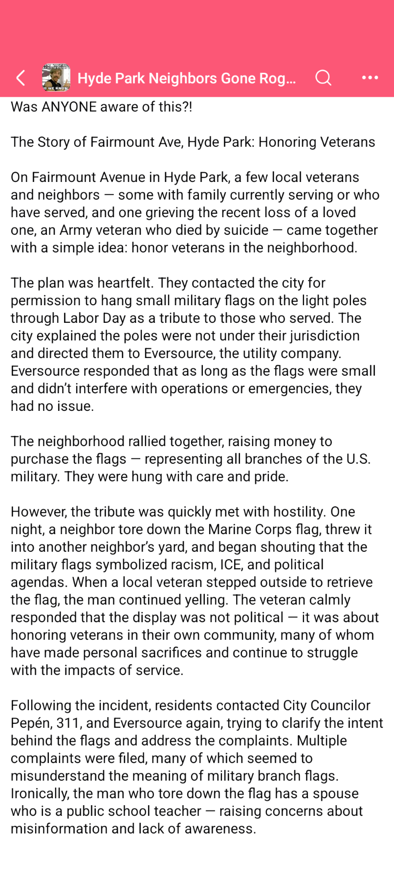 Image 1/2 — Facebook post from “Hyde Park Neighbors Gone Rogue” detailing how a Hyde Park community’s tribute to veterans with military branch flags was met with hostility, including one neighbor tearing down a Marine Corps flag and accusing the display of promoting political agendas.