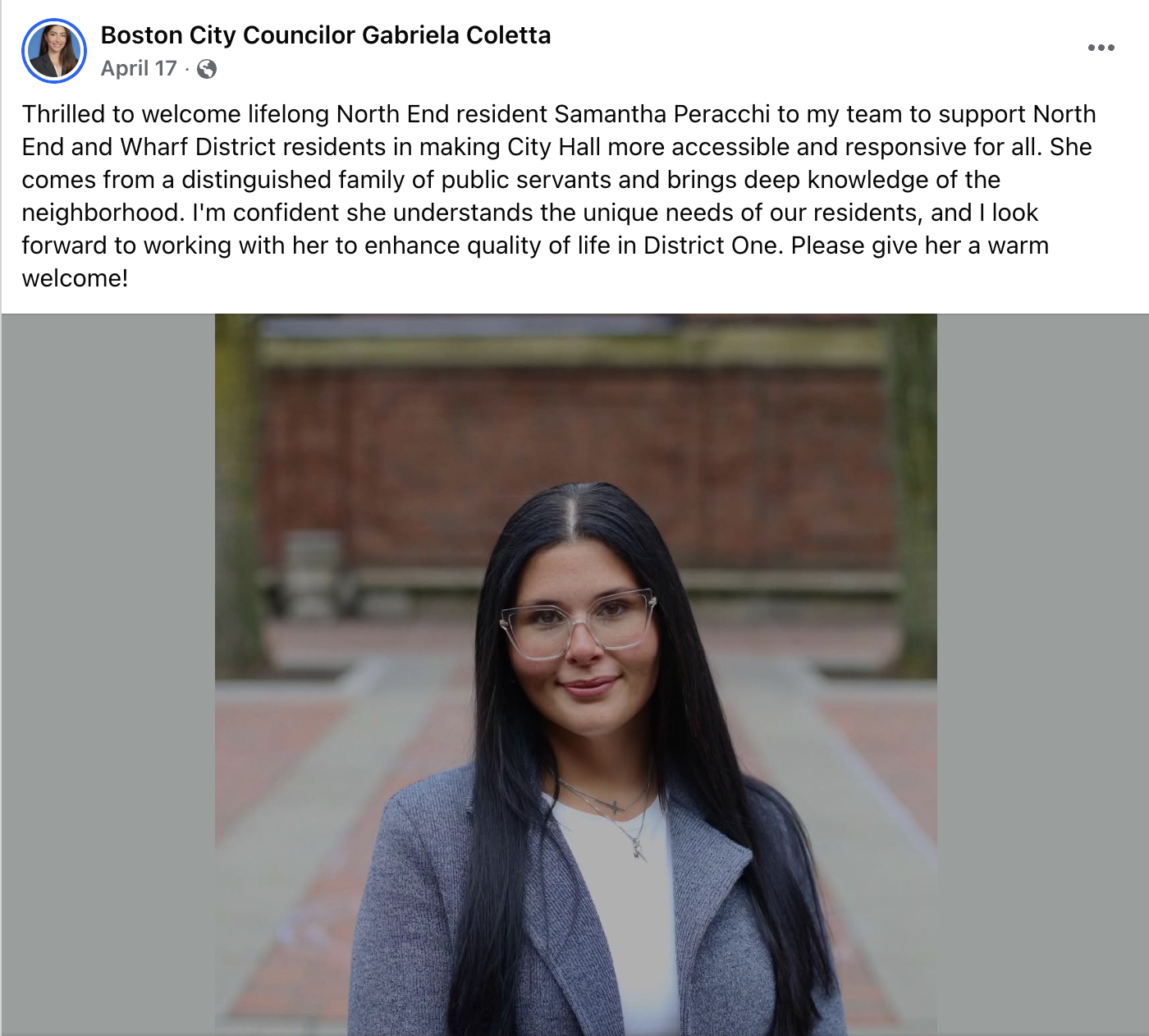 Councilor Coletta’s warm welcome on Facebook — just months before the court would bar Peracchi from a North End restaurant over the alleged assault.