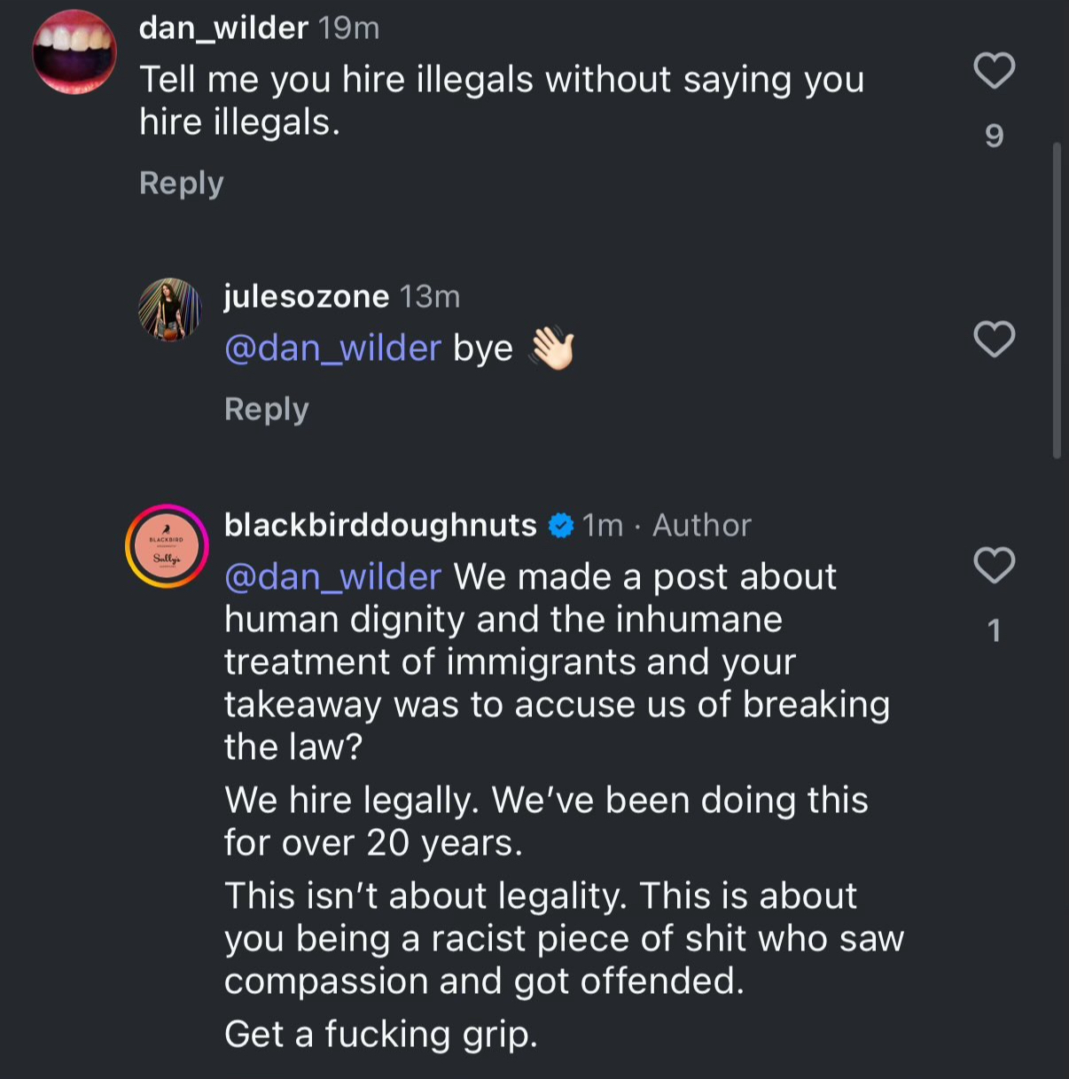 The Blackbird Doughnuts account fired back at a critic, calling them a “racist piece of s**” in a heated Instagram exchange that has since been widely circulated.