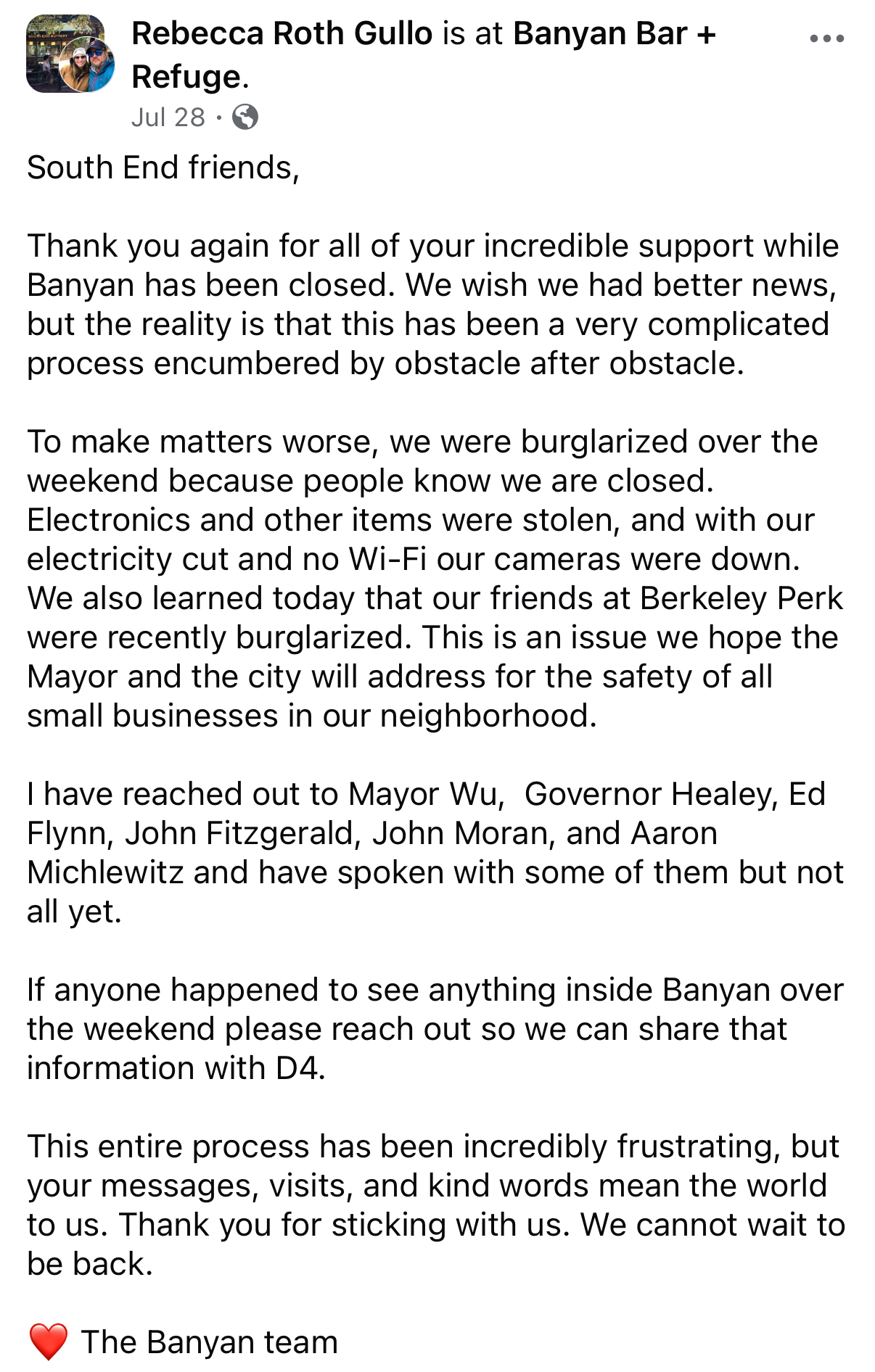 Rebecca Roth Gullo’s Facebook post announcing the Banyan burglary, where she appealed to Mayor Wu, Governor Healey, and other officials for help.