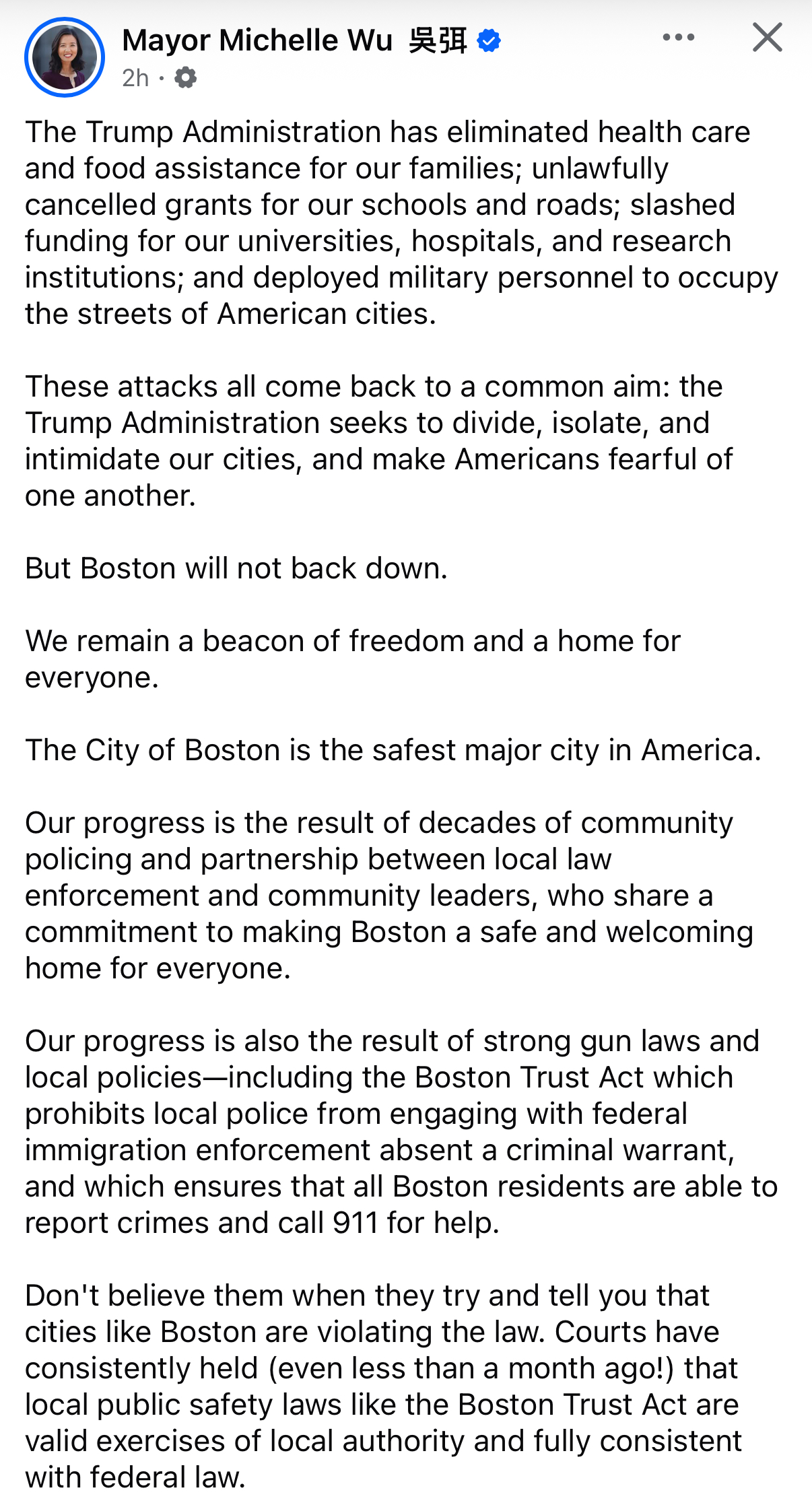 Mayor whines on Facebook about Trump’s cuts while boasting Boston cops can’t help deport fugitives