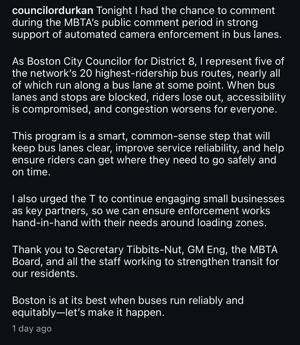 Sharon Durkan preaches ‘reliable and equitable buses’ online — even as she relies on Uber to get around Boston.