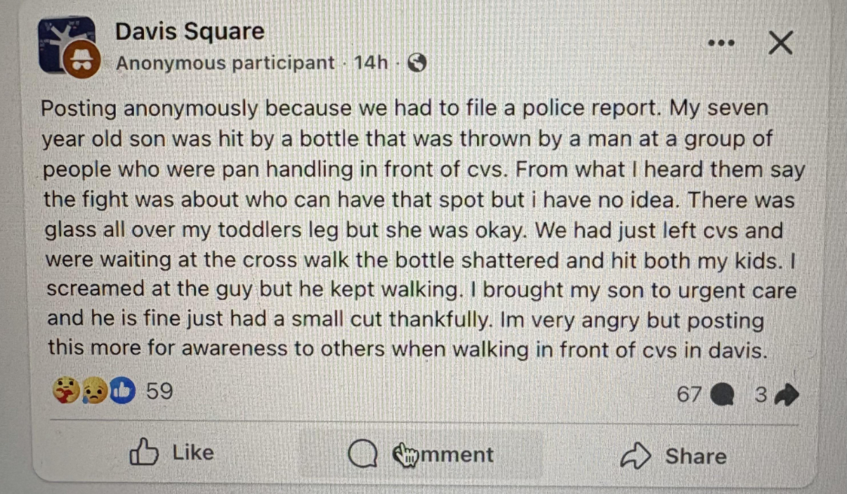 Terrified mom says her kids were showered in glass after a panhandler’s bottle smashed in Davis Square — a shocking glimpse into Somerville’s decline under progressive rule.