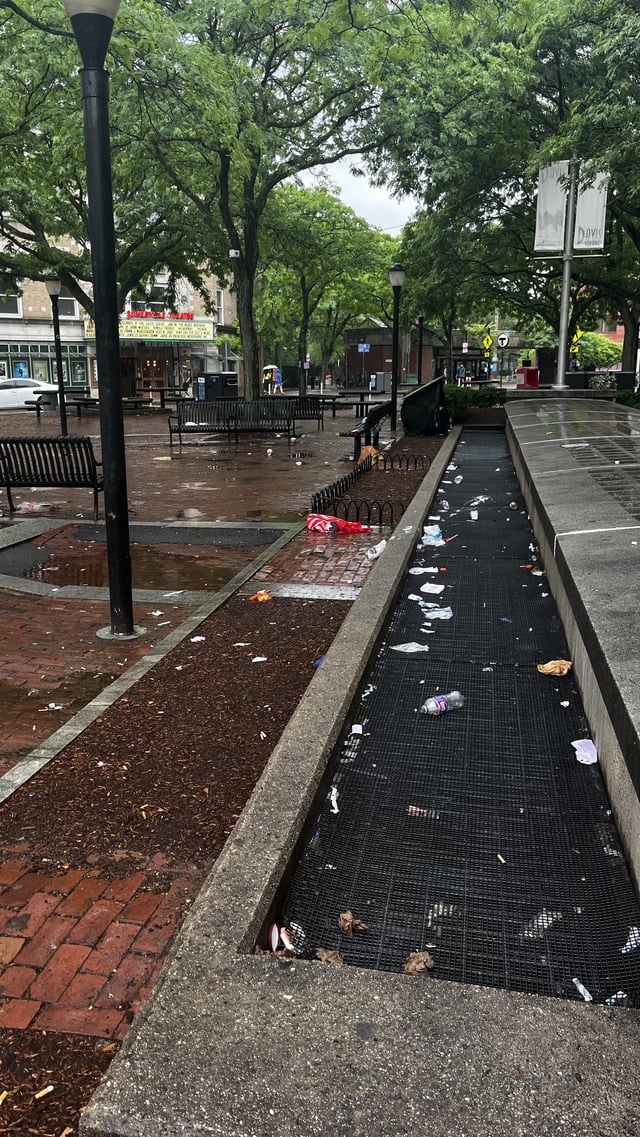 Trash-strewn Davis Square shows the collapse of a once-proud Boston suburb into filth and neglect under progressive rule.