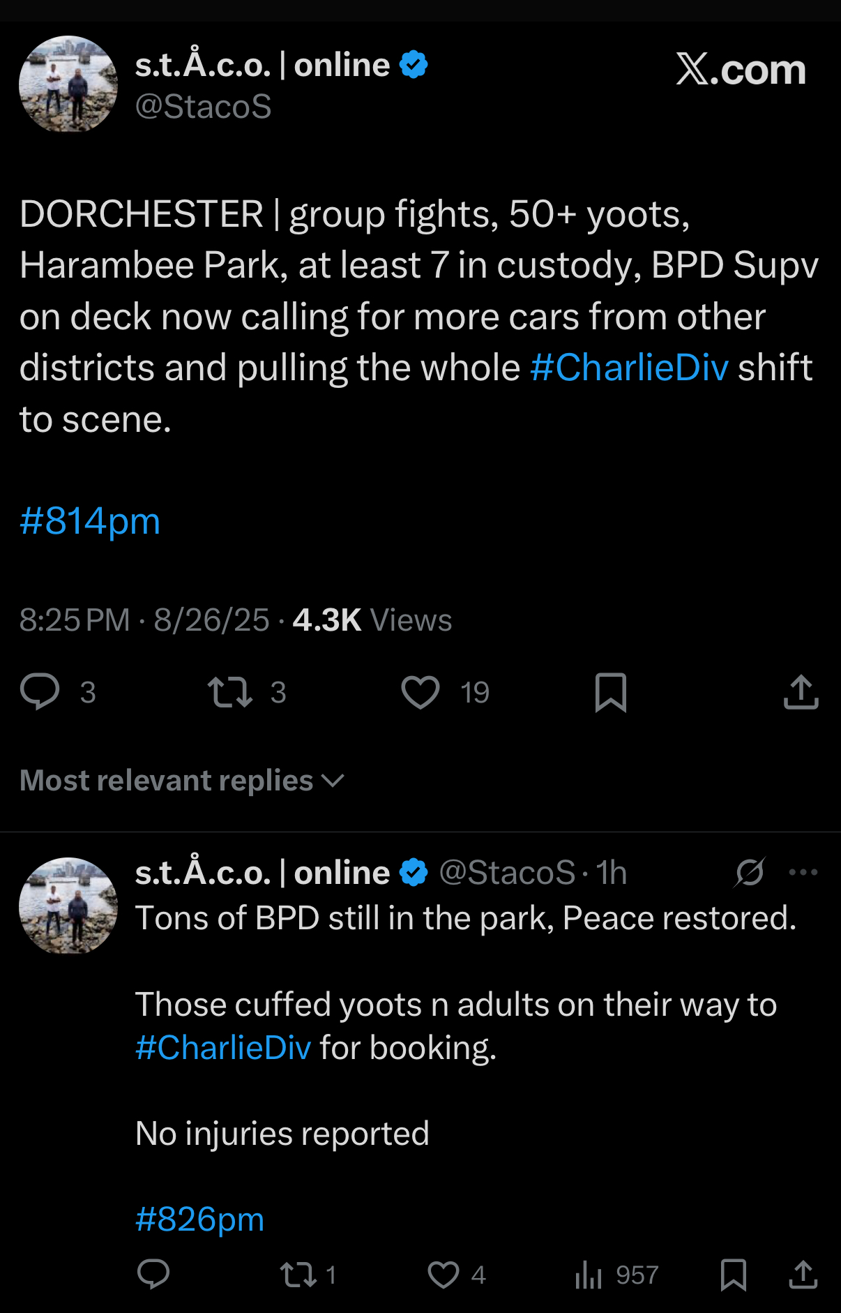 Harambee Park bedlam, caught in real time by StacoS, the city’s go-to ears on the scanner beat.