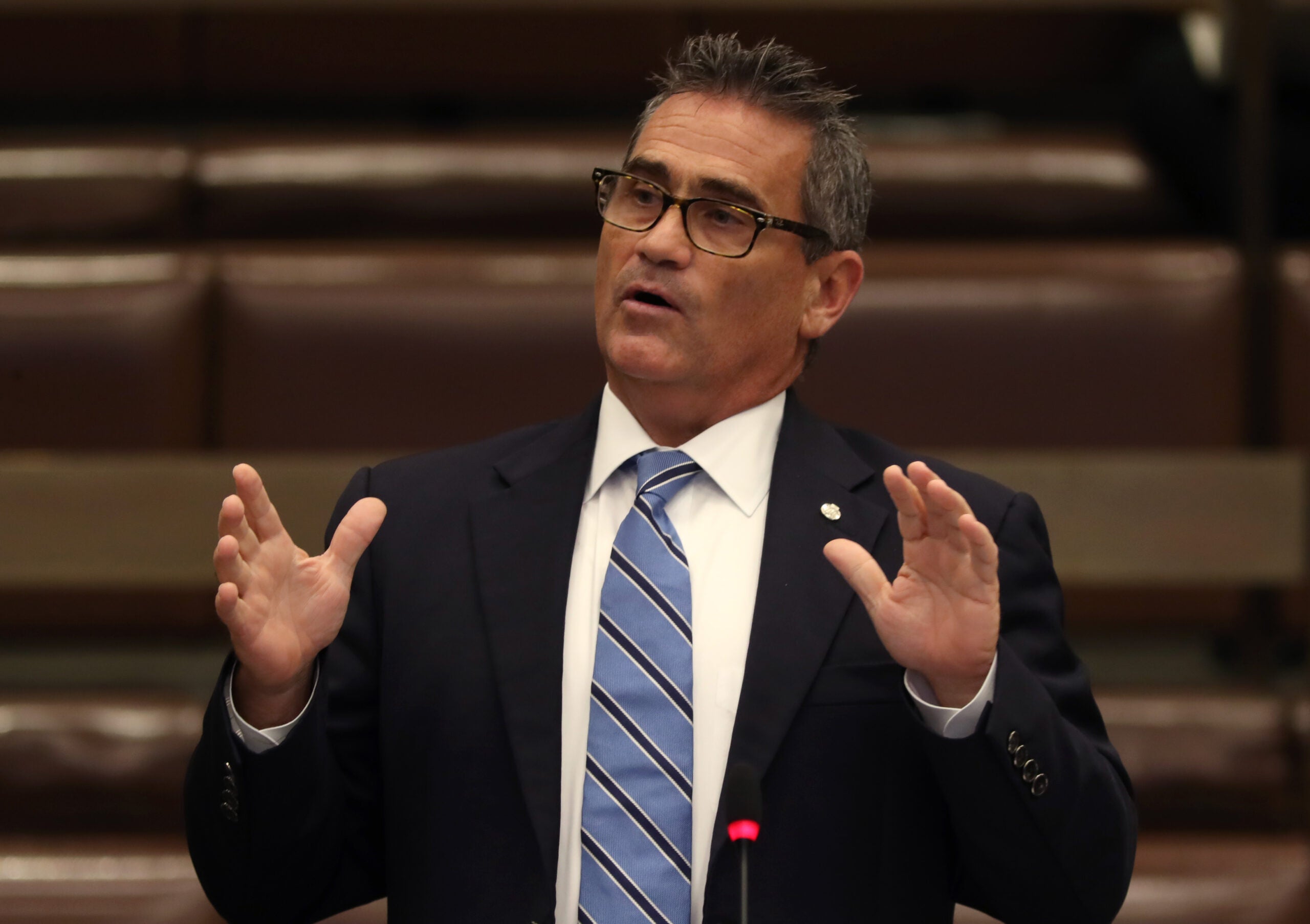 Veteran former councilor Frank Baker, now running citywide, won applause as he sided squarely with residents demanding action on Mass & Cass. (credit: John Tlumacki/The Boston Globe)