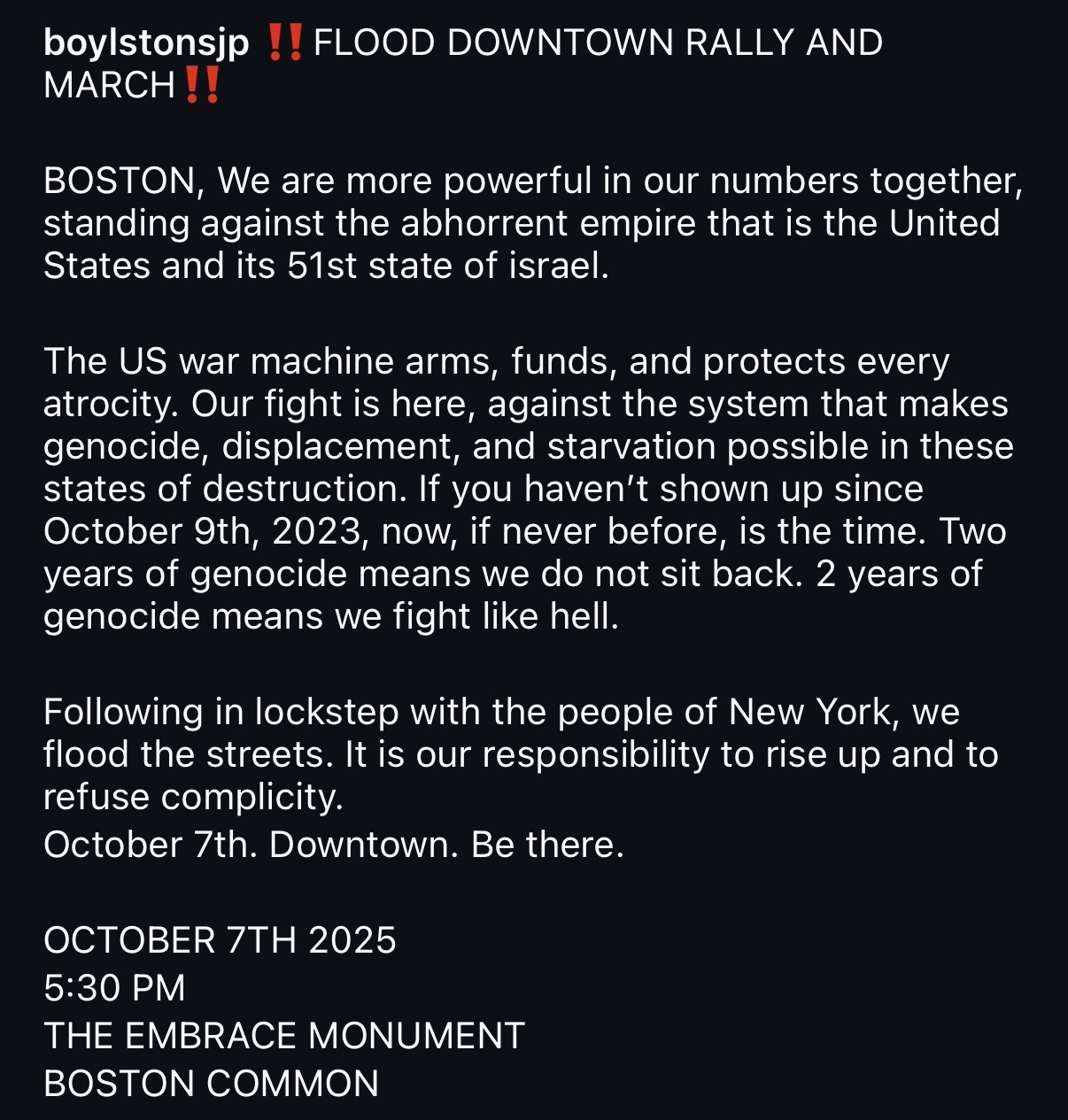 Info about tonight’s rally has been spreading fast on Instagram — with flyers showing masked figures and a Boston police cruiser engulfed in flames.
