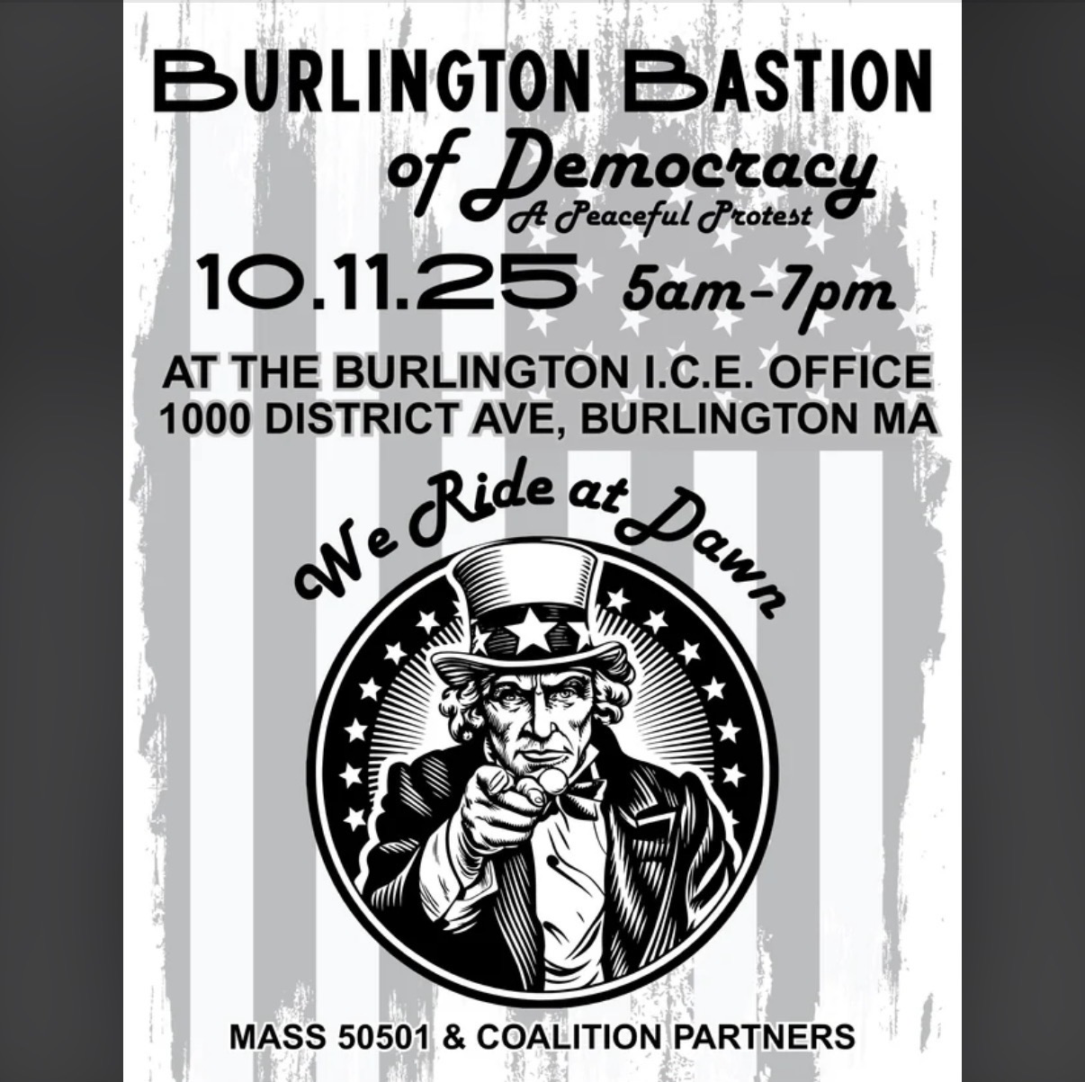 The flyer for the “Burlington Bastion of Democracy” protest, shared on Reddit earlier this week, shows the event’s 5 a.m. to 7 p.m. schedule and slogan, “We Ride at Dawn.” The post quickly drew hundreds of comments — half debating the protest itself, and half arguing over whether the organizer had used AI to design the poster.
