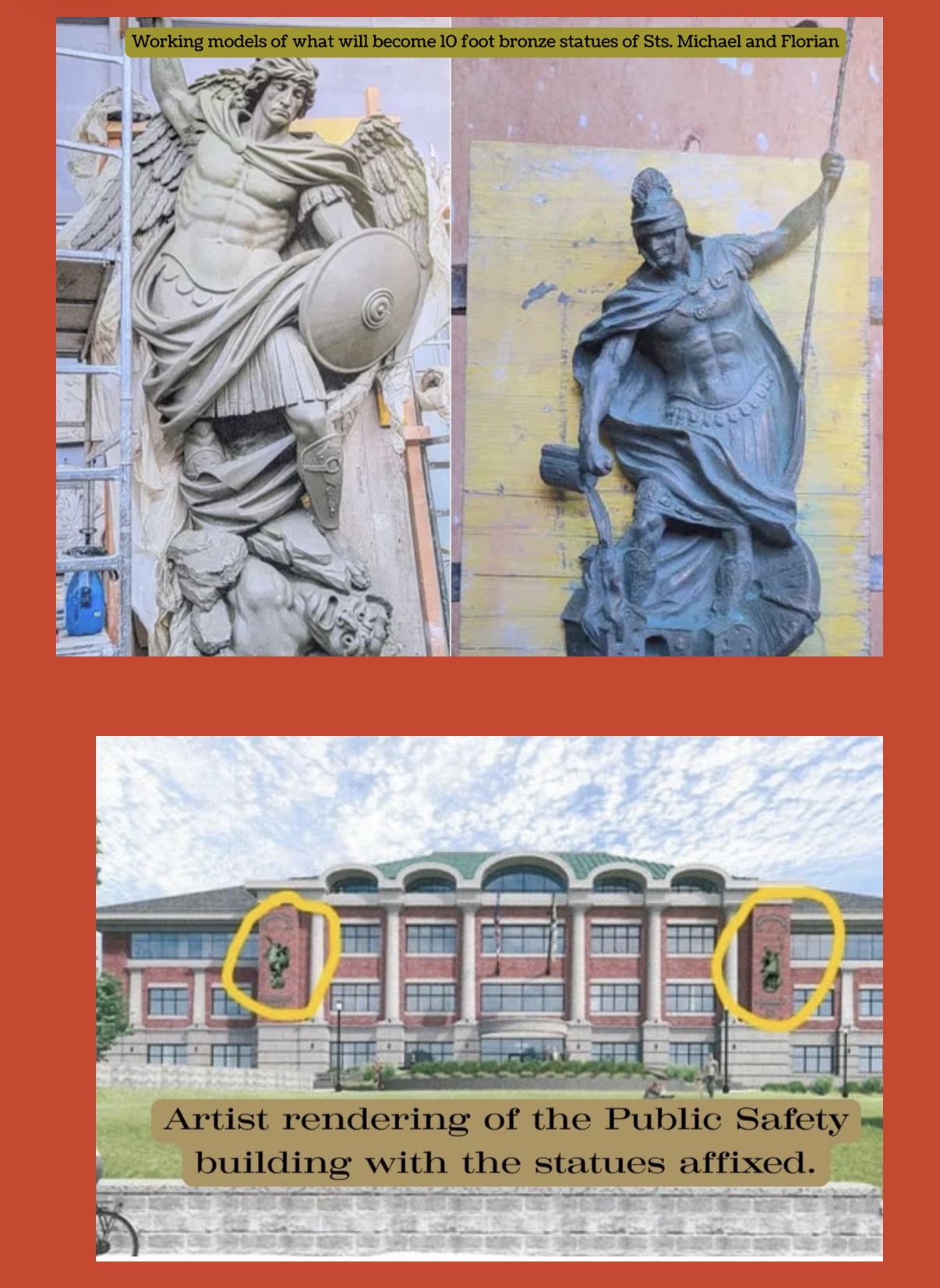 Working models of the planned 10-foot bronze statues of St. Michael and St. Florian, alongside an artist’s rendering showing how they’d appear on Quincy’s new public safety headquarters. Images via A Just Quincy blog.