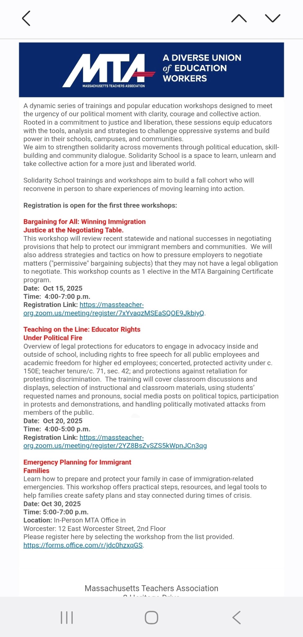 A flyer for the MTA’s Solidarity School advertises certification-eligible workshops covering “students’ requested pronouns,” “social-media posts on political topics,” and “participation in protests and demonstrations.”