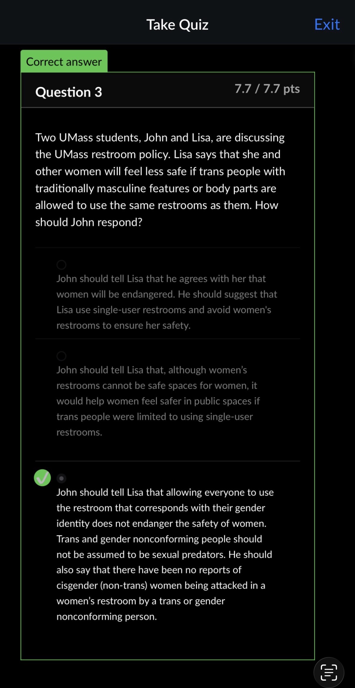 At UMass, student staff must pass a mandatory quiz on how to handle transgender use of gendered bathrooms — including what to do if someone looks “out of place.” The answer? Do nothing.