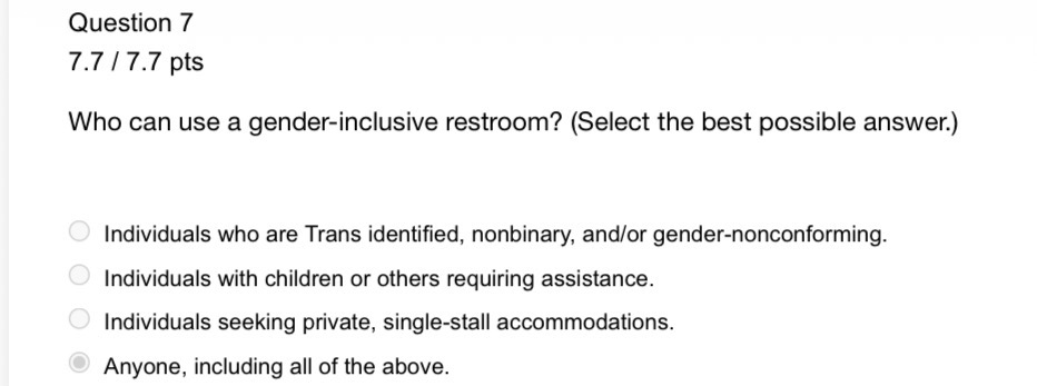 Examples of questions from UMass’s mandatory restroom training for student staff.