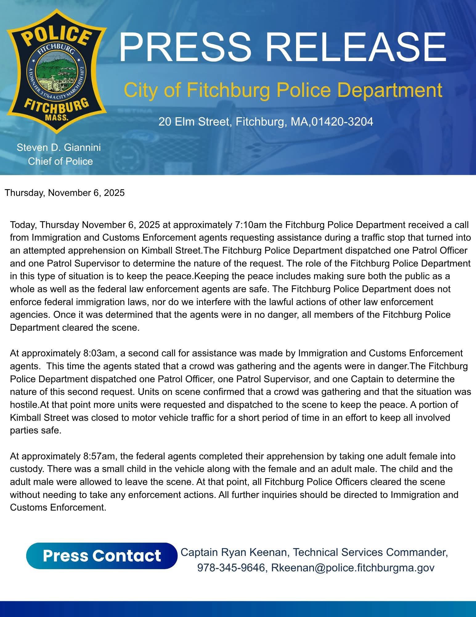 Fitchburg PD confirmed ICE agents led the arrest and called for backup only when the crowd turned hostile — contradicting claims of a random or violent raid.