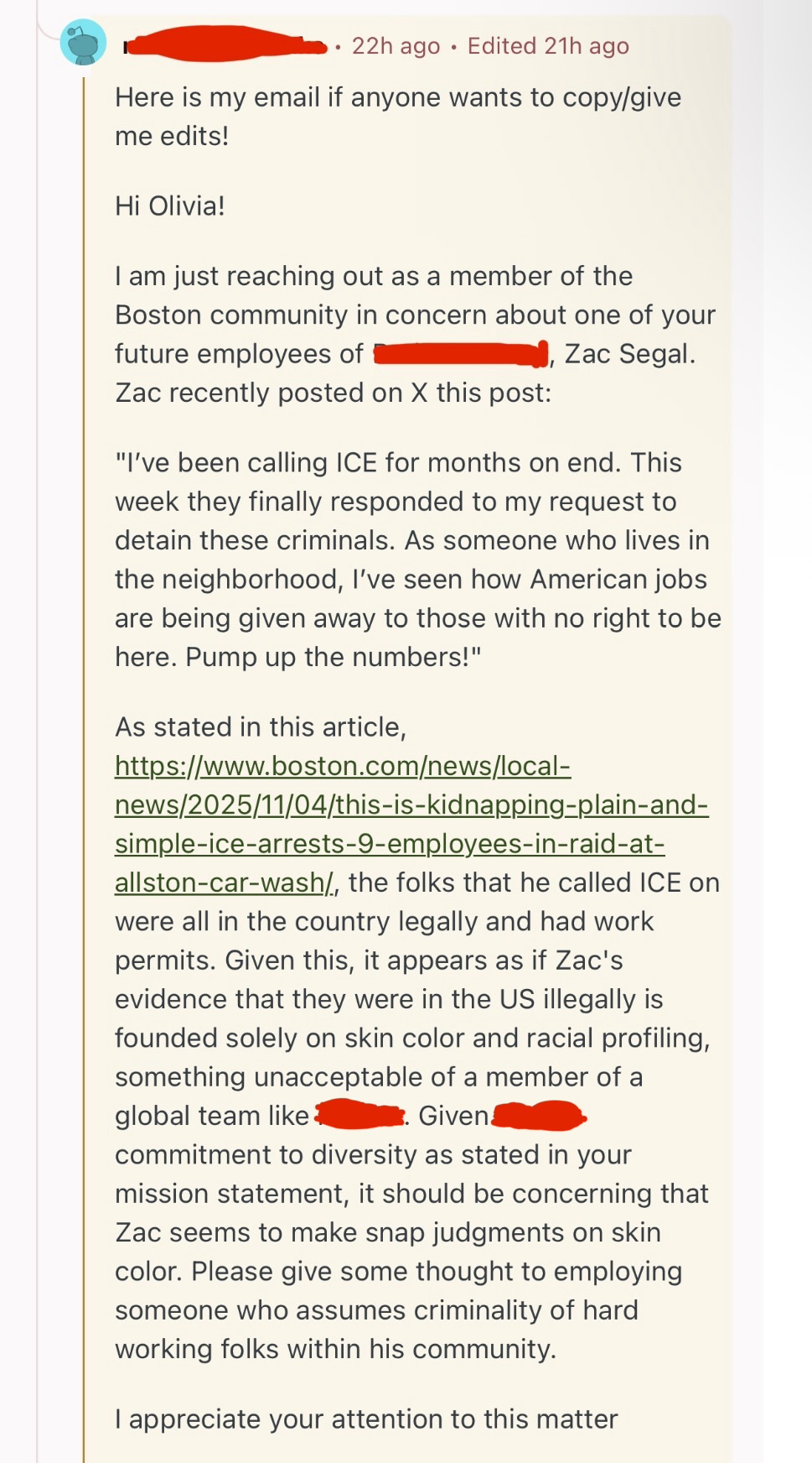 Evidence of the mob: Reddit users share copy-and-paste scripts to pressure Zac’s future employer into firing him before he even starts.