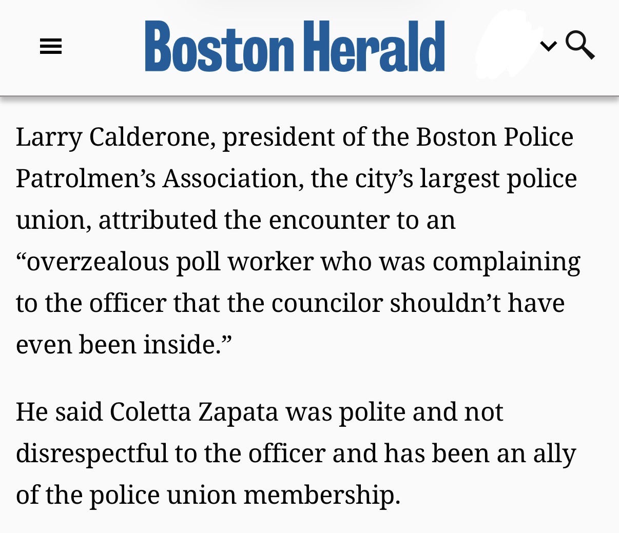 Larry Calderone's statement in the Boston Herald