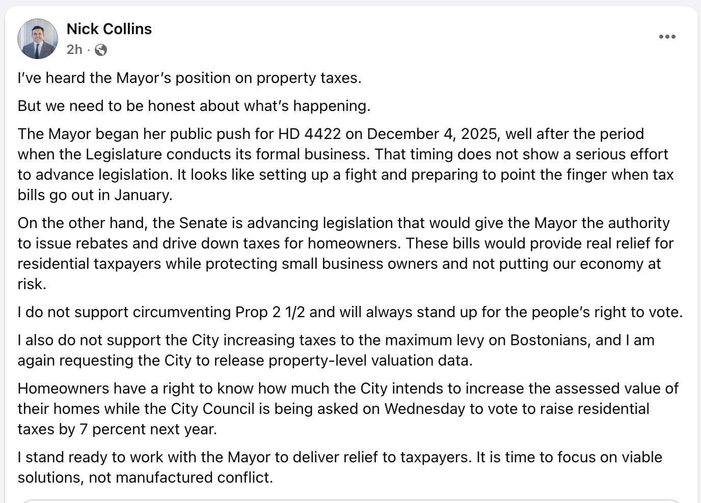 State Sen. Nick Collins criticized the timing of Mayor Wu’s tax push and called for homeowner rebates in a Facebook post.