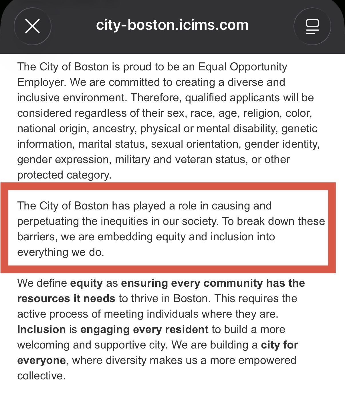 City of Boston job posting language telling applicants the city “played a role in causing and perpetuating inequities” and now vows to “embed equity and inclusion into everything we do.”