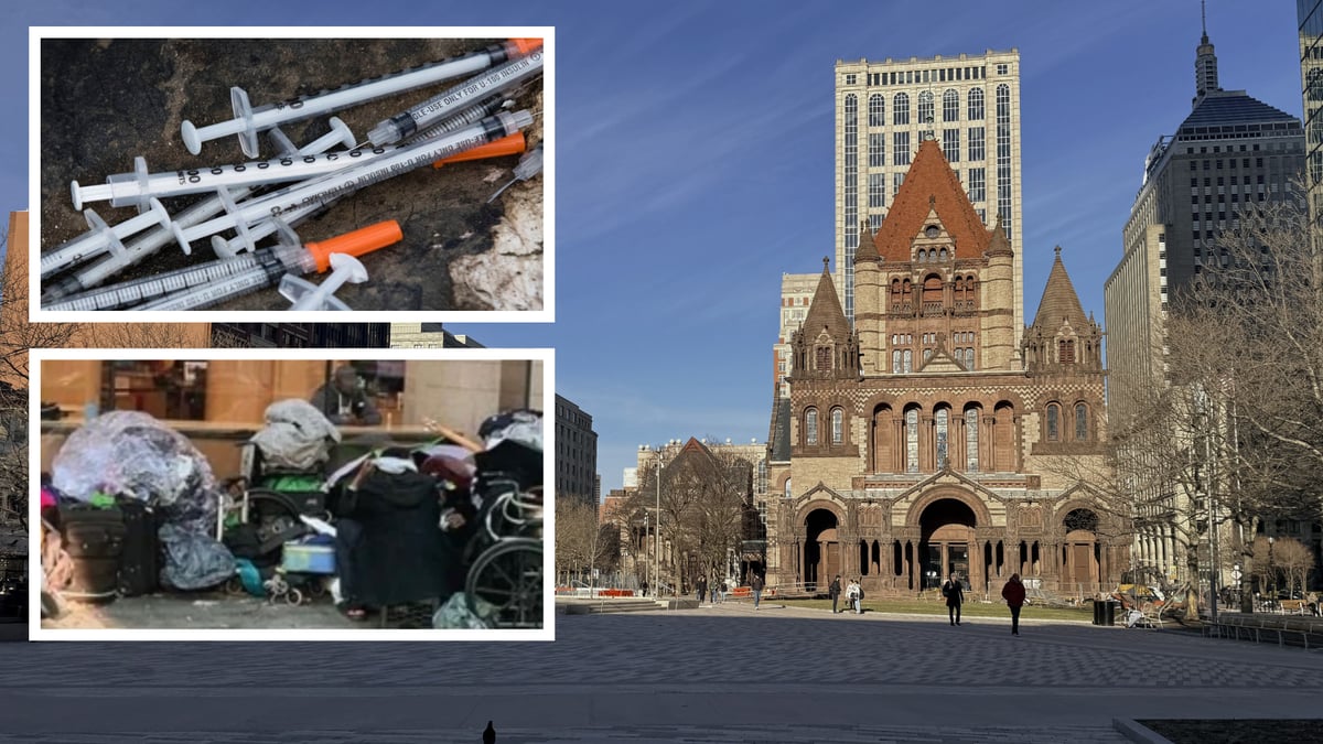 One of Boston's most historic plazas is overrun with trash, needles, and empty storefronts — steps from a world-famous church and the Boston Marathon finish line