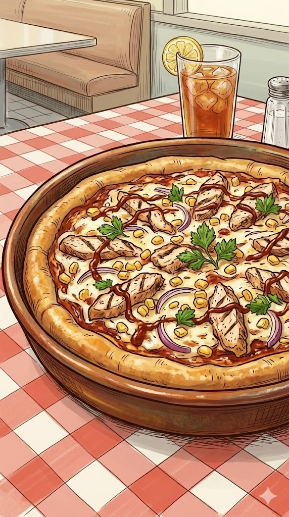 American Pizza mit Hühnchen, Zwiebeln und Mais