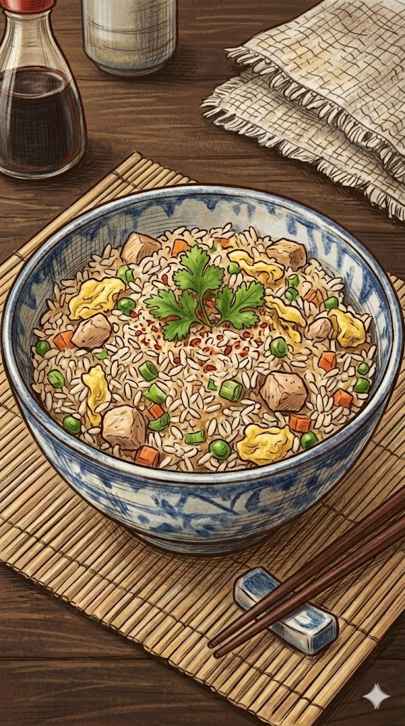 Asiatischer gebratener Reis mit Ei, Gemüse & Hähnchen