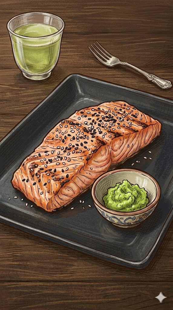 Asiatisches Lachsfilet mit Wasabi und Sesam