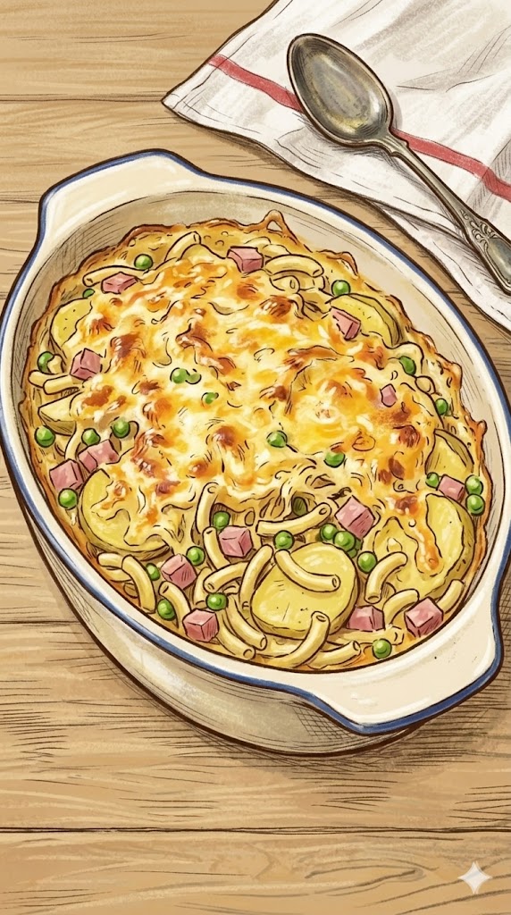 Auflauf Kartoffel-Nudel mit Erbsen und Schinken