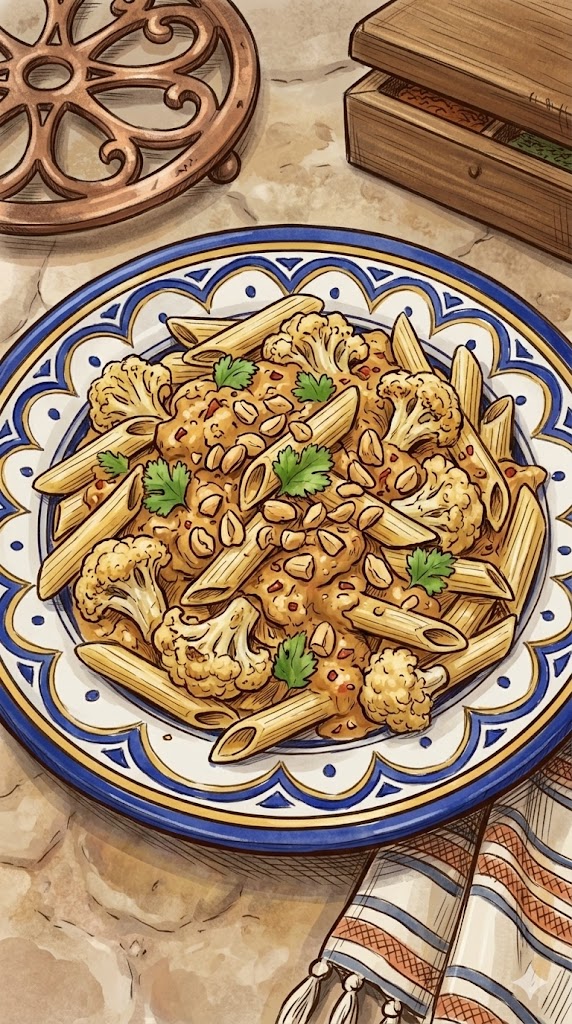 Blumenkohl-Pasta in pikanter Erdnussbuttersoße