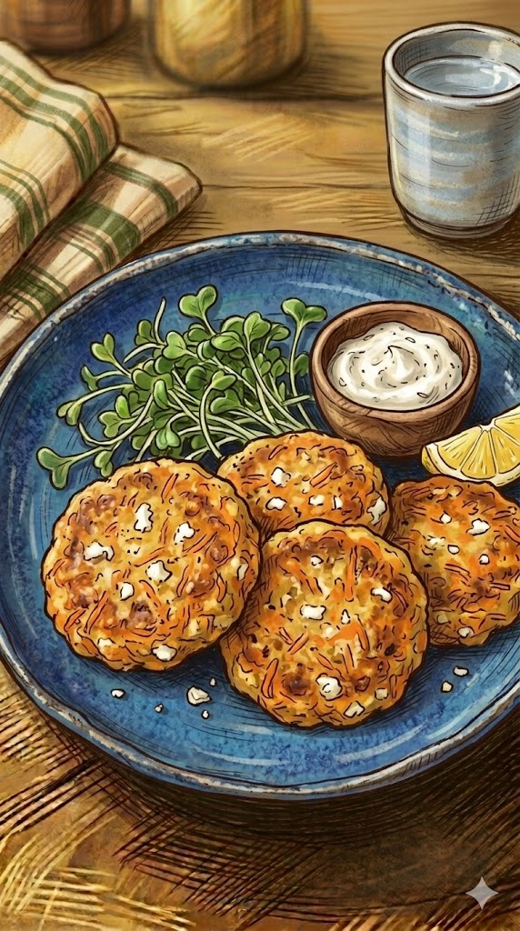 Bratlinge aus Kichererbsen mit Möhren und Feta
