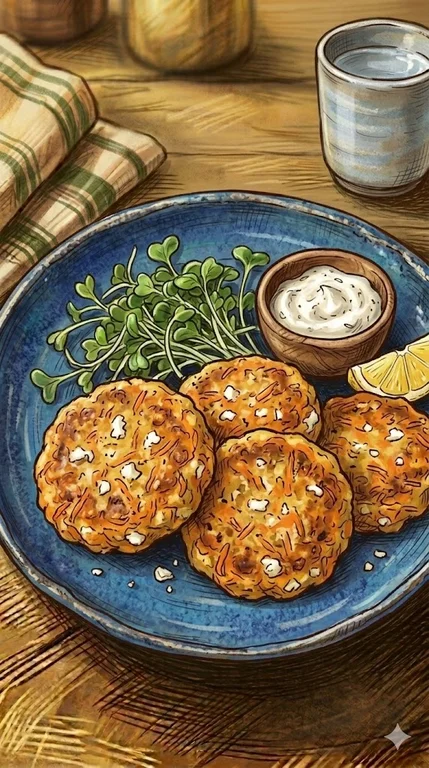 Bratlinge aus Kichererbsen mit Möhren und Feta