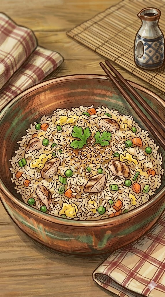 Bratreis mit Ei, Gemüse & Hähnchen