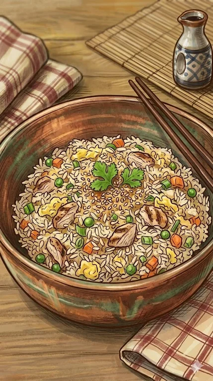 Bratreis mit Ei, Gemüse & Hähnchen