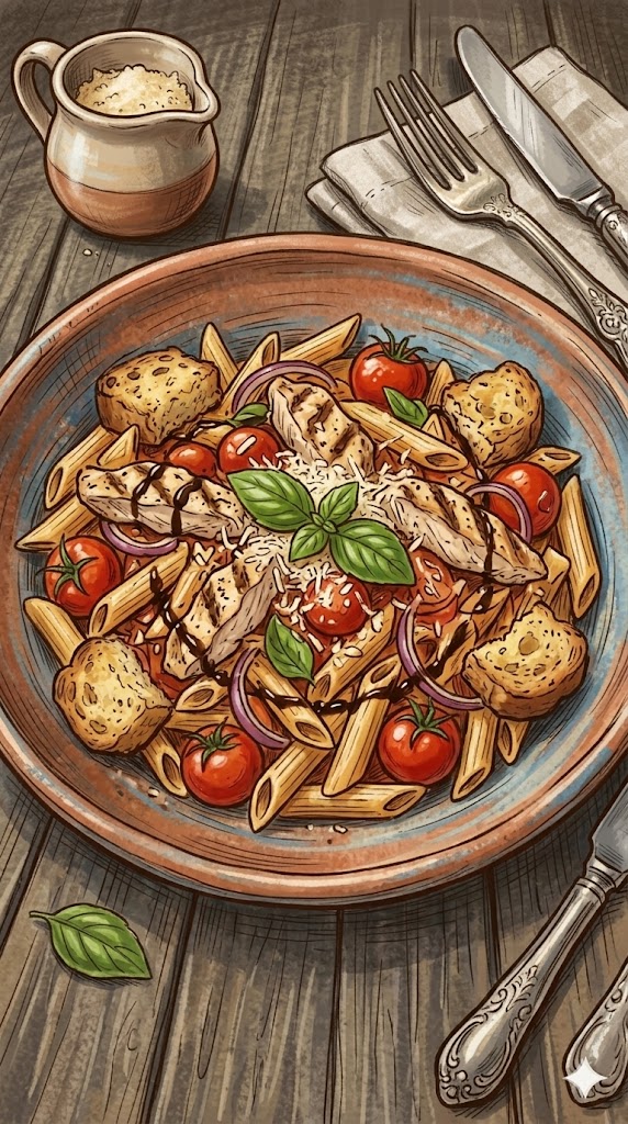 Bruschetta Pasta mit Hähnchenstreifen