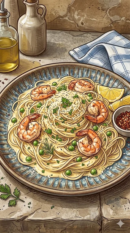 Capellini mit Garnelen in Zitronen-Sahnesoße mit Parmesan