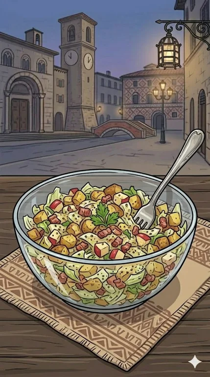 Endiviensalat mit Kartoffeln, Apfel und Speck
