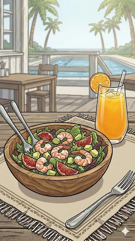 Fitness Salat mit Garnelen, Avocado und Orangen