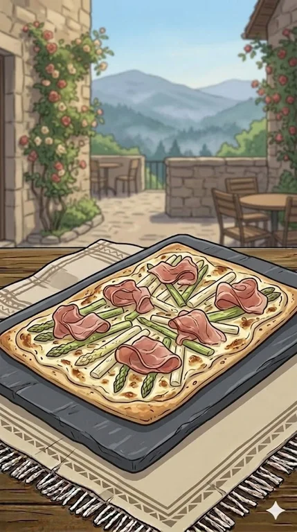 Flammkuchen mit Spargel und Schinken