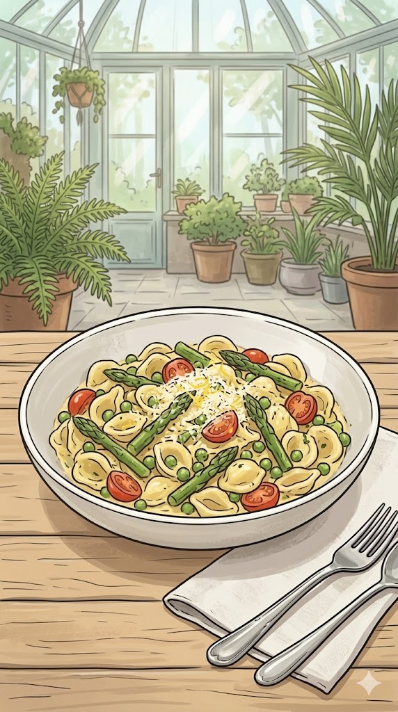 Frühlingspasta mit grünem Spargel in Weißwein Parmesansauce