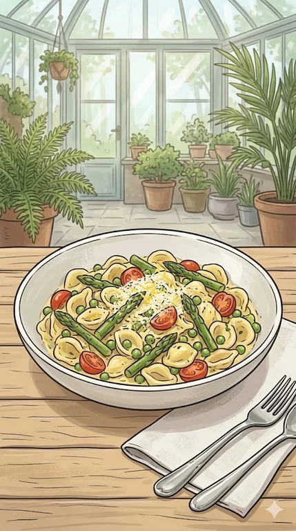 Frühlingspasta mit grünem Spargel in Weißwein Parmesansauce