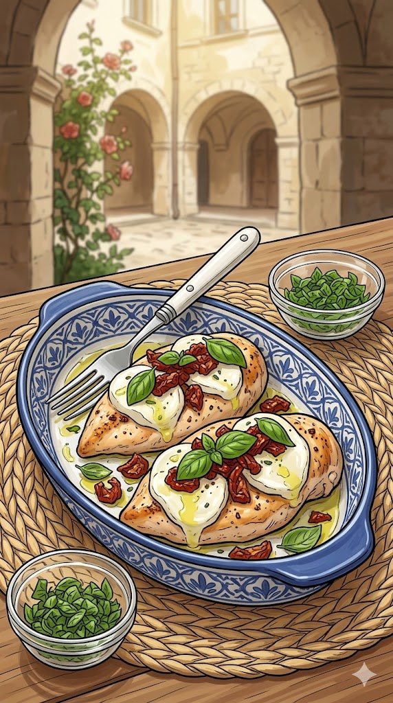 Hähnchen mit Mozzarella, getrockneten Tomaten und Basilikum