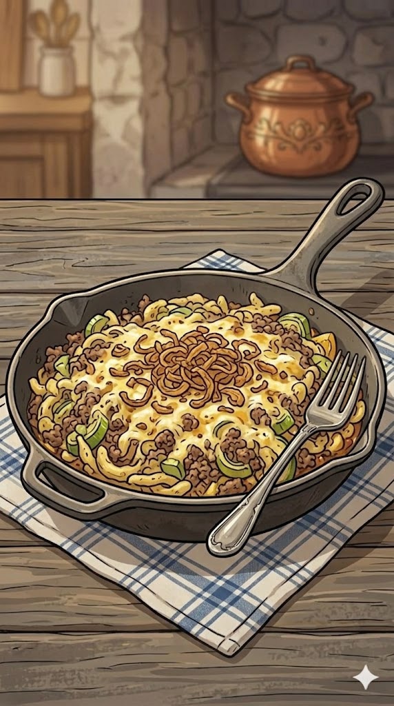 Hackpfanne mit Käsespätzle, Lauch und Röstzwiebeln