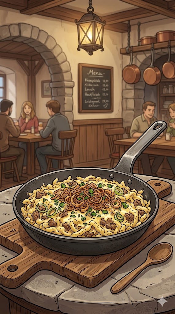 Käsespätzle Hackpfanne mit Lauch und Röstzwiebeln
