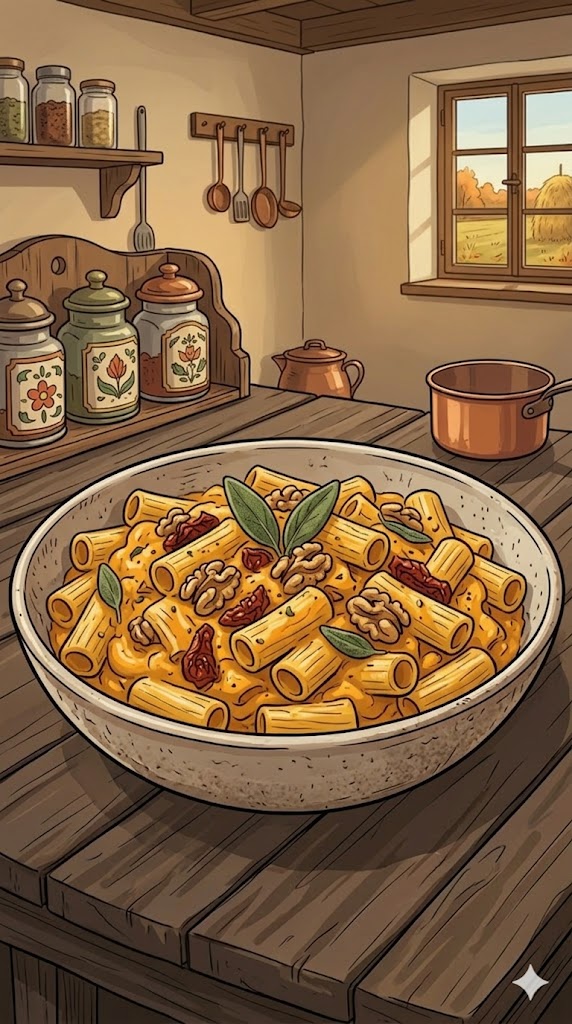 Kürbis-Pasta mit getrockneten Tomaten und Walnüssen