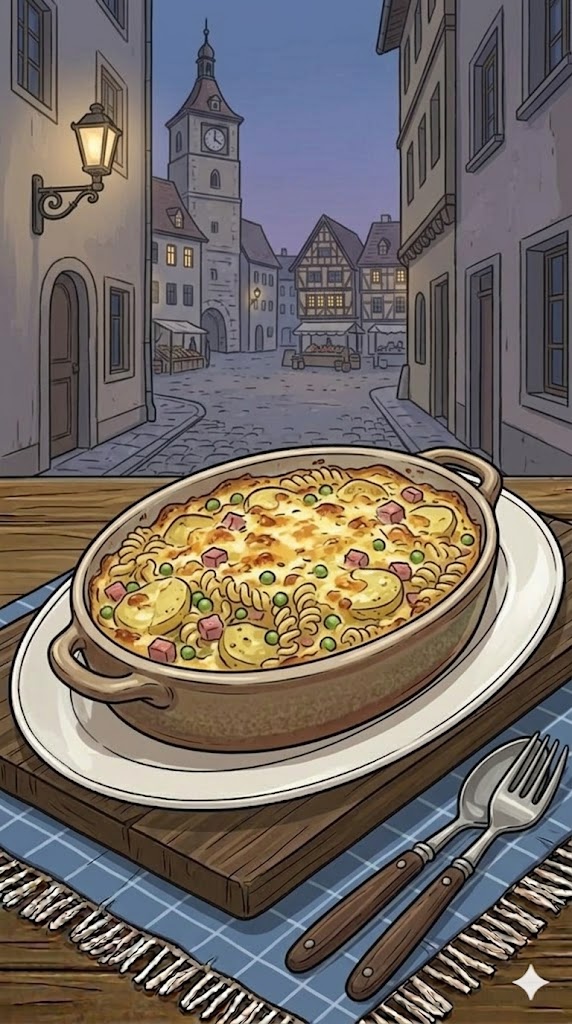 Kartoffeln-Nudel-Auflauf mit Erbsen und Schinken