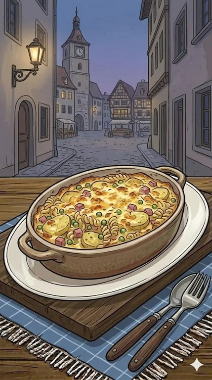 Kartoffeln-Nudel-Auflauf mit Erbsen und Schinken
