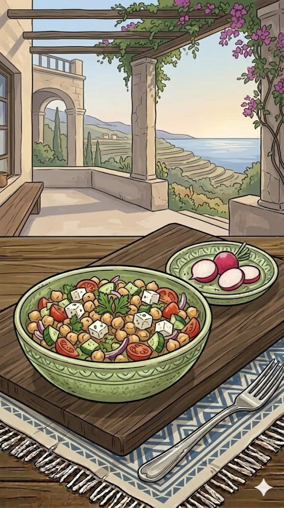 Kichererbsensalat mit Feta und Gurke