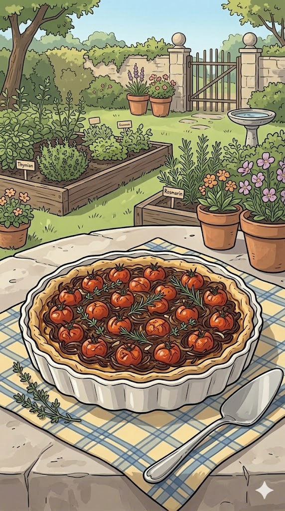 Kirschtomaten Tarte mit karamellisierten Zwiebeln