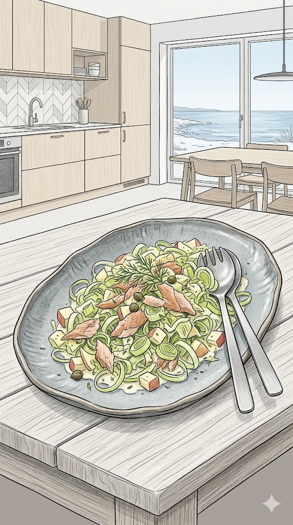 Lauchsalat mit Äpfeln und geräuchertem Forellenfilet