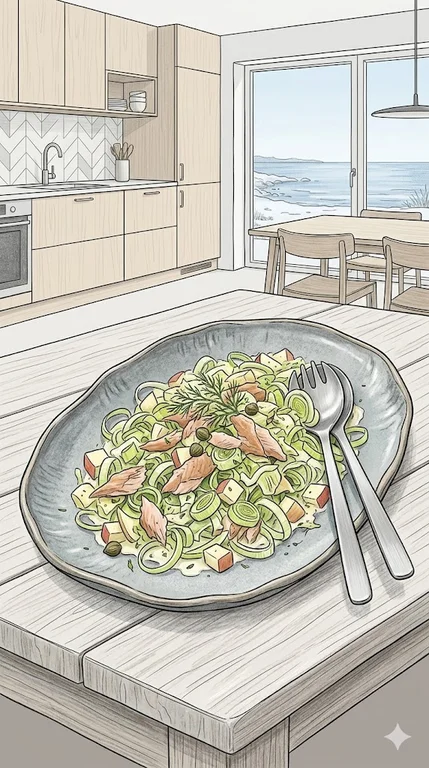 Lauchsalat mit Äpfeln und geräuchertem Forellenfilet
