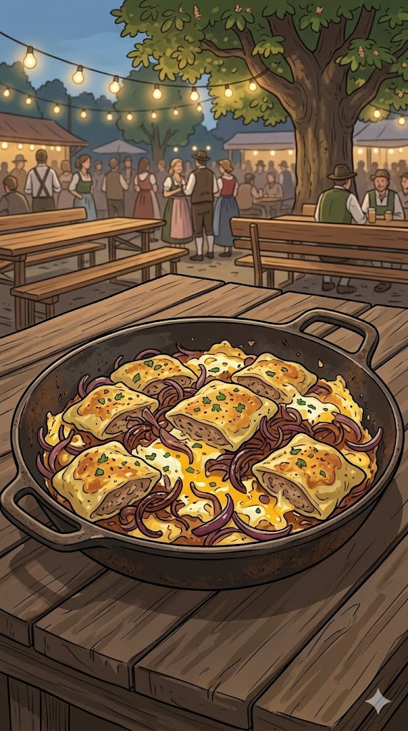 Maultaschen Pfanne mit Ei und Zwiebeln